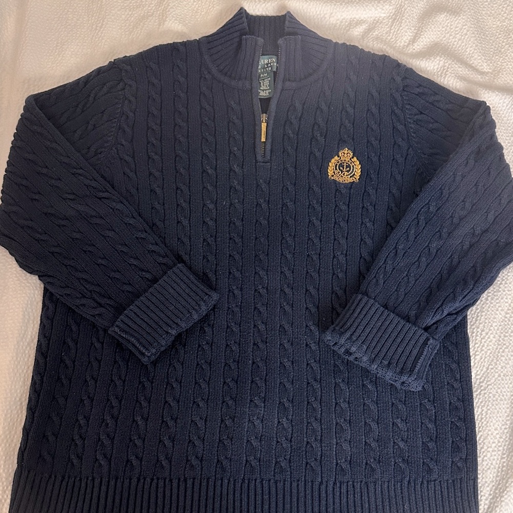 Ralph Lauren Navy 1/4 Zip-Up mock neck cable knit Sweater szPM